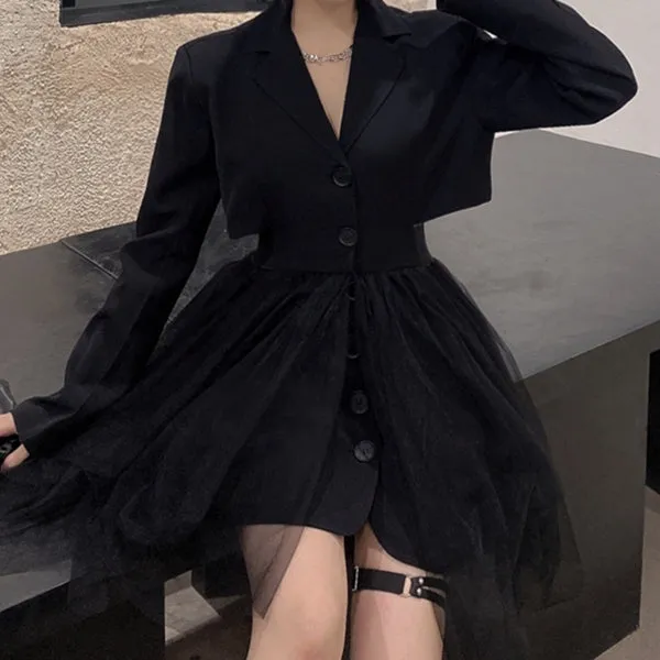 Black Suit Collar Long Sleeve Stitching Mesh Cocktail Dress