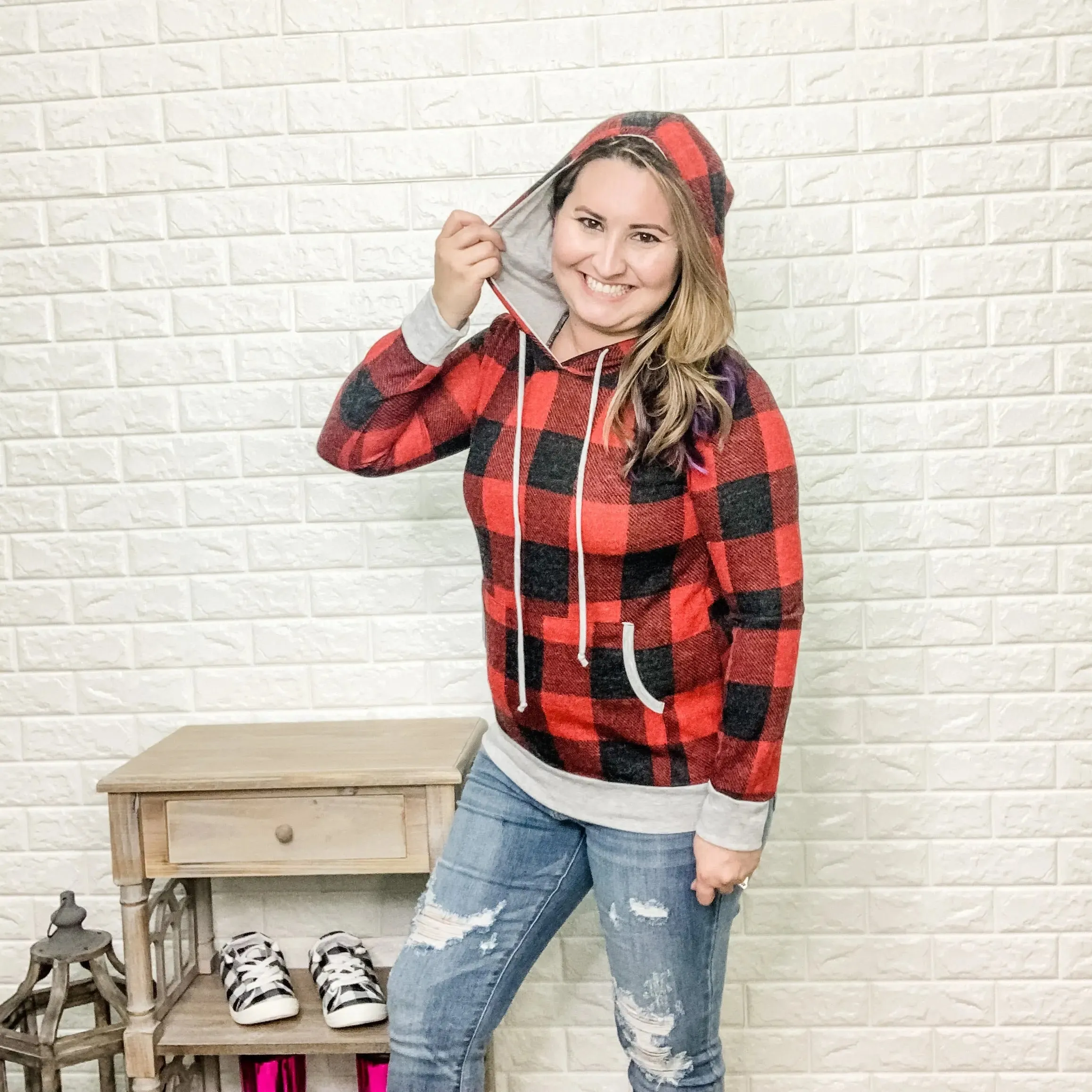 Charcoal & Red Plaid Hoodie