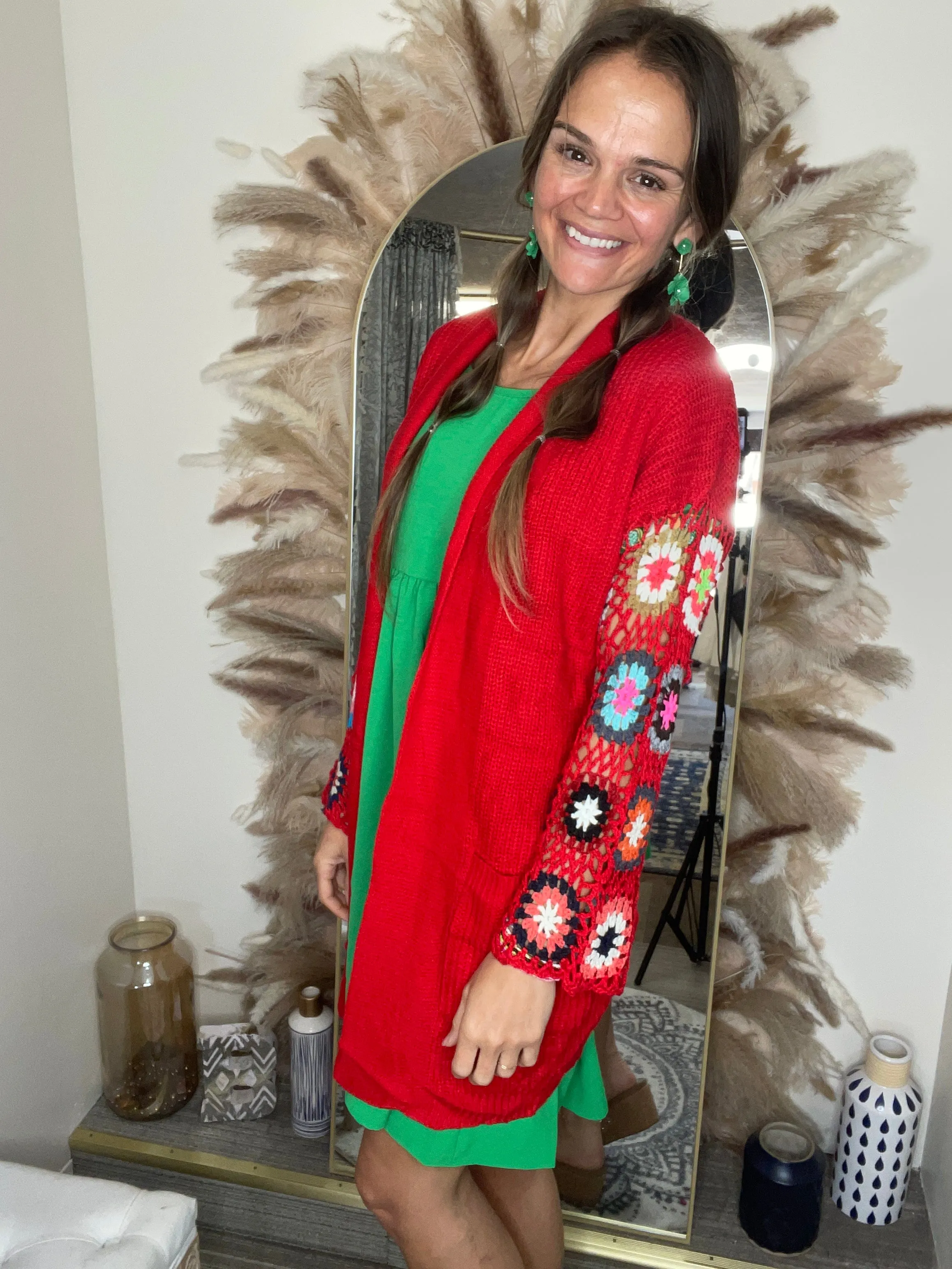 CROCHET SLEEVE CARDIGAN-RED