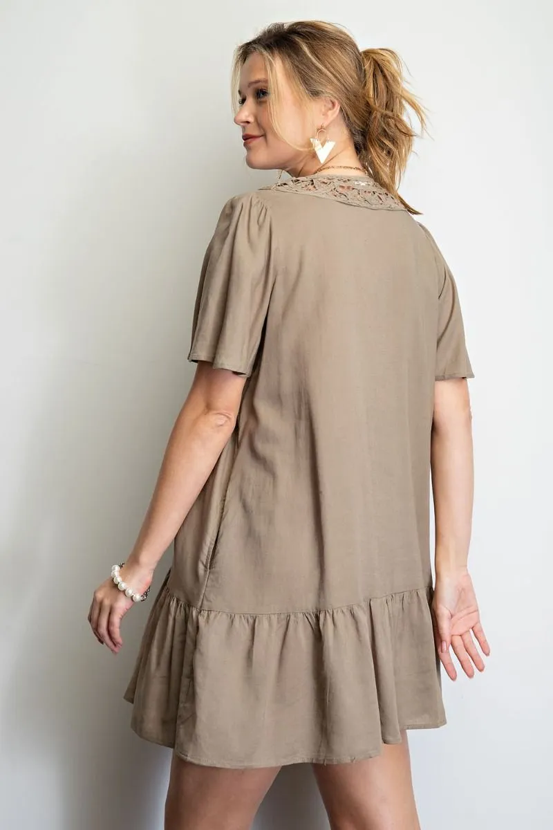 Easel Flowy Silhouette Challie Lace Detailing Button Down Dress