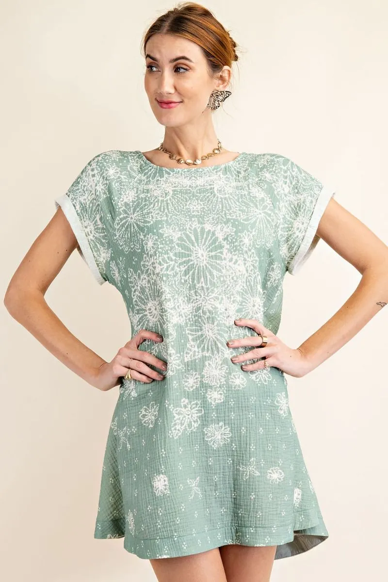 Easel Printed Cotton Gauze Tunic Rounded Neckline Cap Sleeves Dress