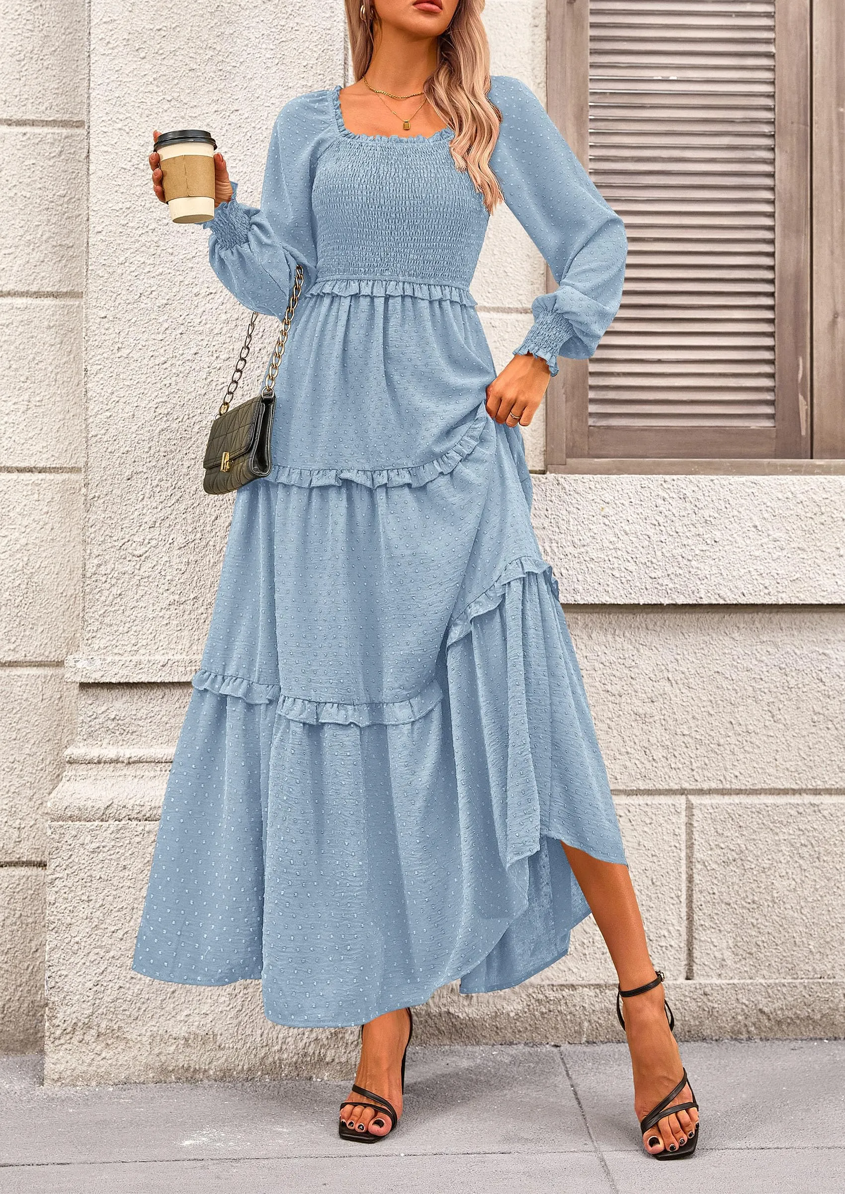 Long Sleeve Smocked Casual Square Neck Swiss Dot Tiered Ruffle Maxi Dresses