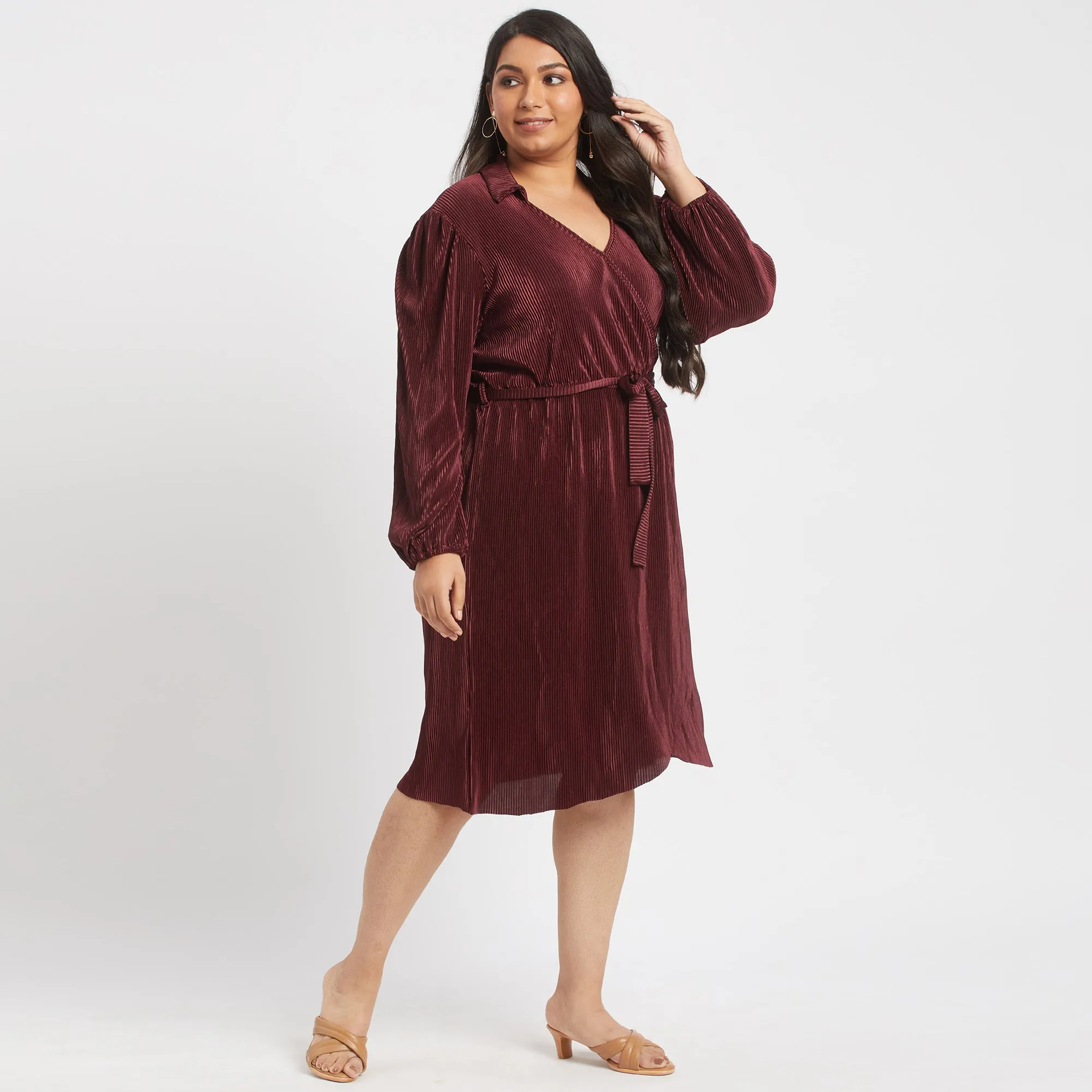 Maroon pleated plus size wrap dress