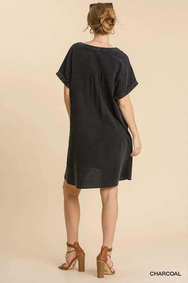 Mineral Wash Short Folded Sleeve Split Neck Shirt Dress