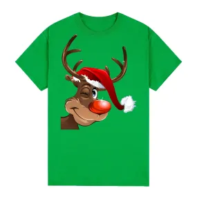 NNEDSZ 100% Cotton Christmas T-shirt Adult Unisex Tee Tops Funny Santa Party Custume, Reindeer Wink (Green), M