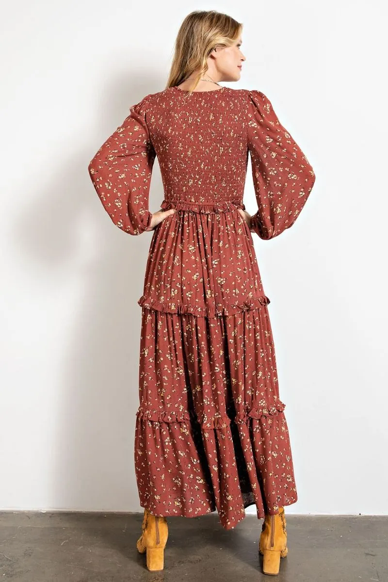 Smocked Floral Print Tiered Ruffle Silhouette Maxi Dress