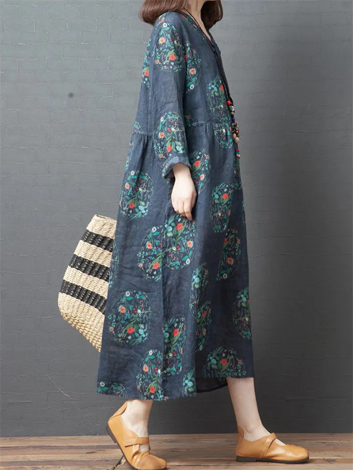 Vintage Relaxed V-neck Floral Dresses for Women